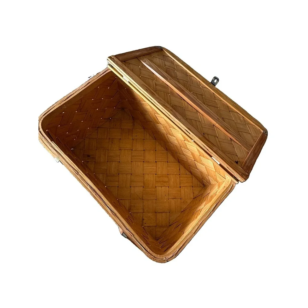 Vintage Split Oak Picnic Basket 20 x 12 x 9.5 Bent Wood Handles Hinged Lid